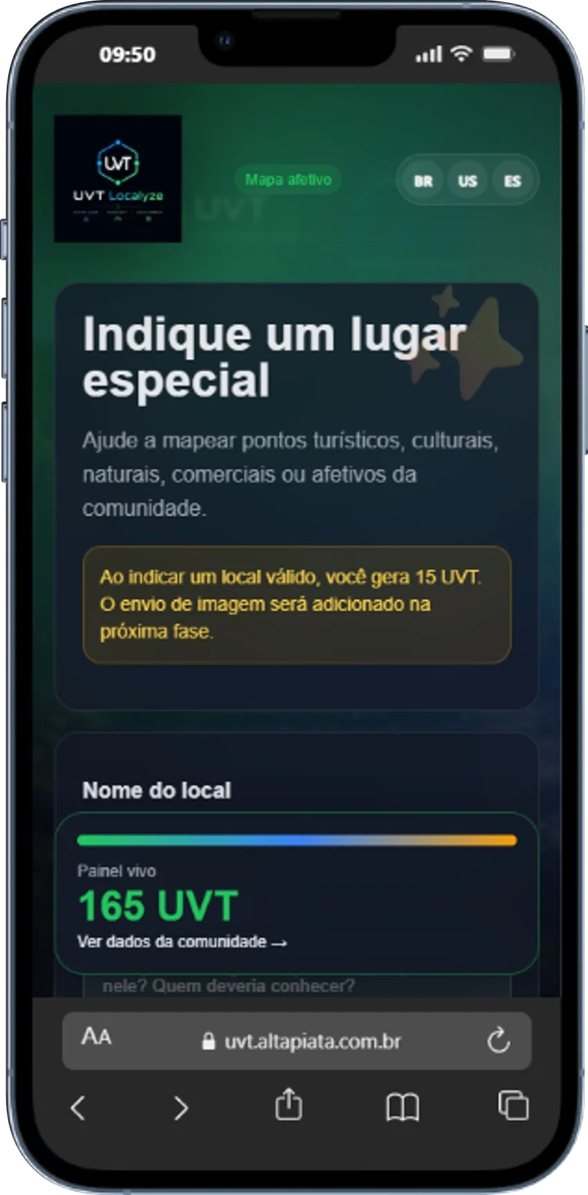 Tela mobile do UVT Localyze