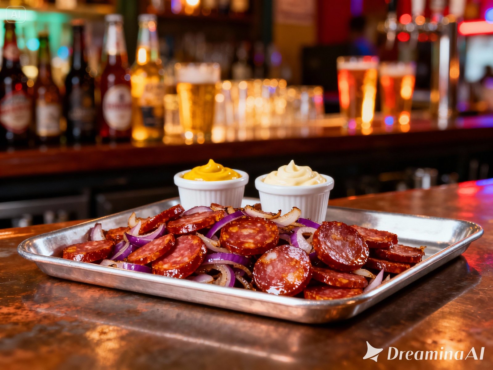 Porção de calabresa fatiada servida em bandeja de metal prateado