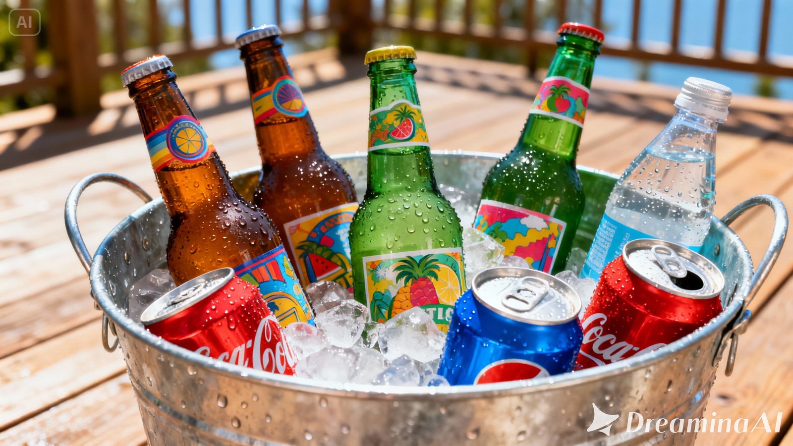 Balde de metal com gelo e bebidas