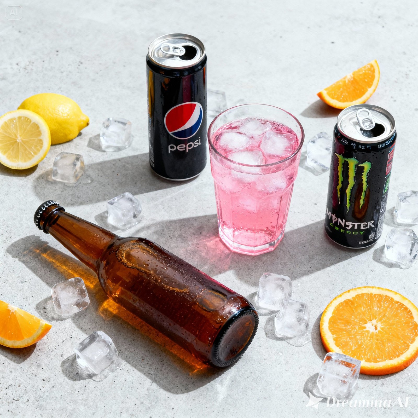 Vista de cima de refrigerantes e bebidas em fundo escuro